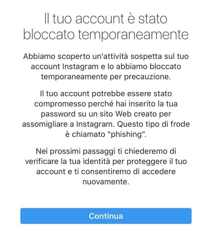 Account instagram bloccato temporaneamente per phishing quanto dura